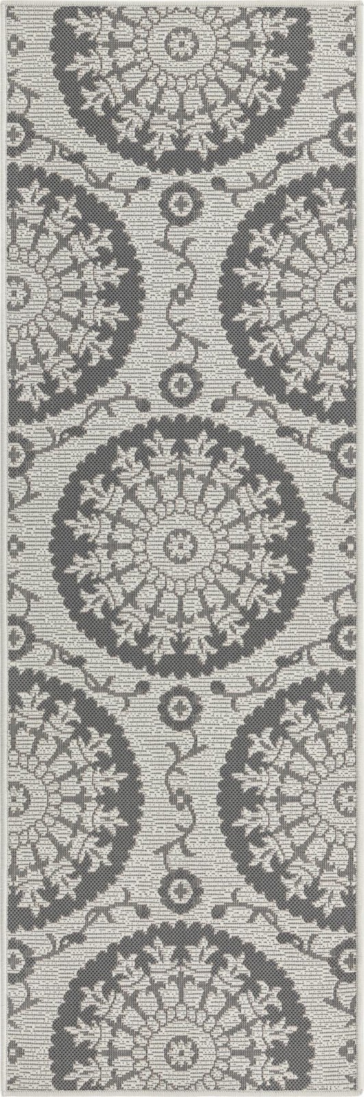 2' 2 x 6' Fanshawe · Medallion Outdoor Rug, gray and silver