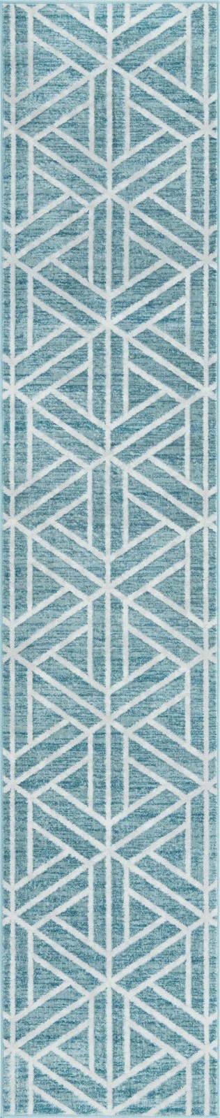 2' 7 x 13' Norwood · Geometric trellis rug, blue and ivory