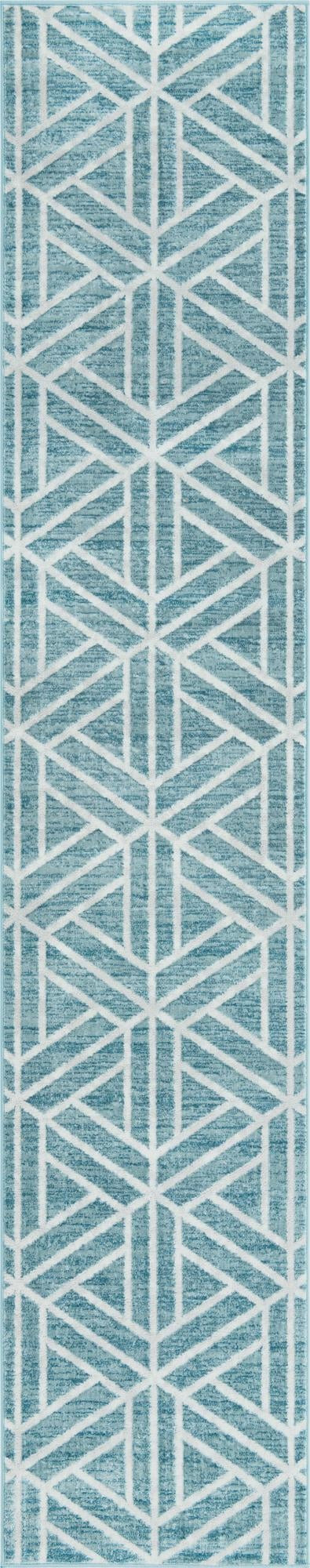 2' 7 x 13' Norwood · Geometric trellis rug, blue and ivory