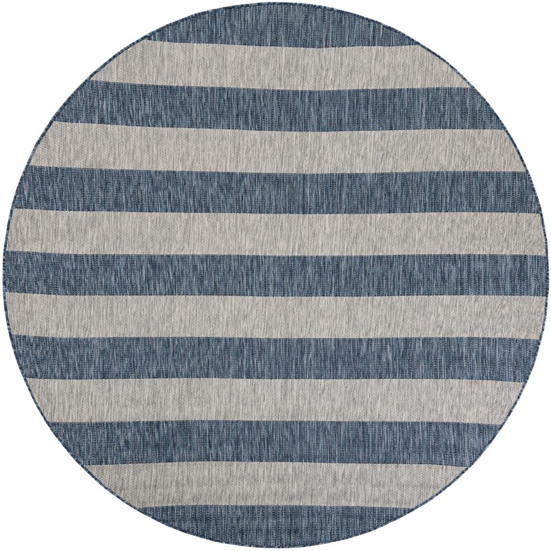 7' 10 x 7' 10 Dahlia · Striped Outdoor Rug, blue and gray
