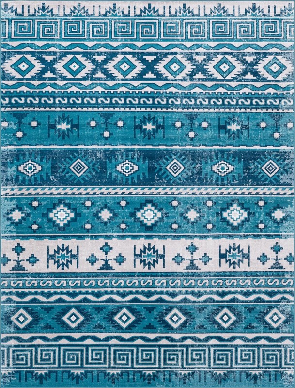 Lloyd · Tribal striped rug, blue and ivory