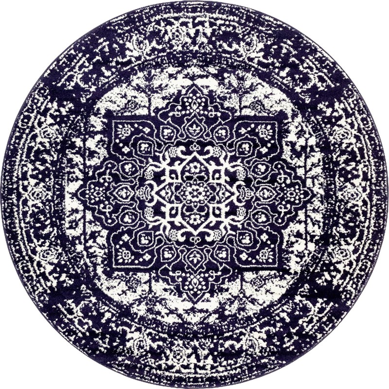 7' 10 x 7' 10 Birch · Distressed medallion rug, navy and ivory