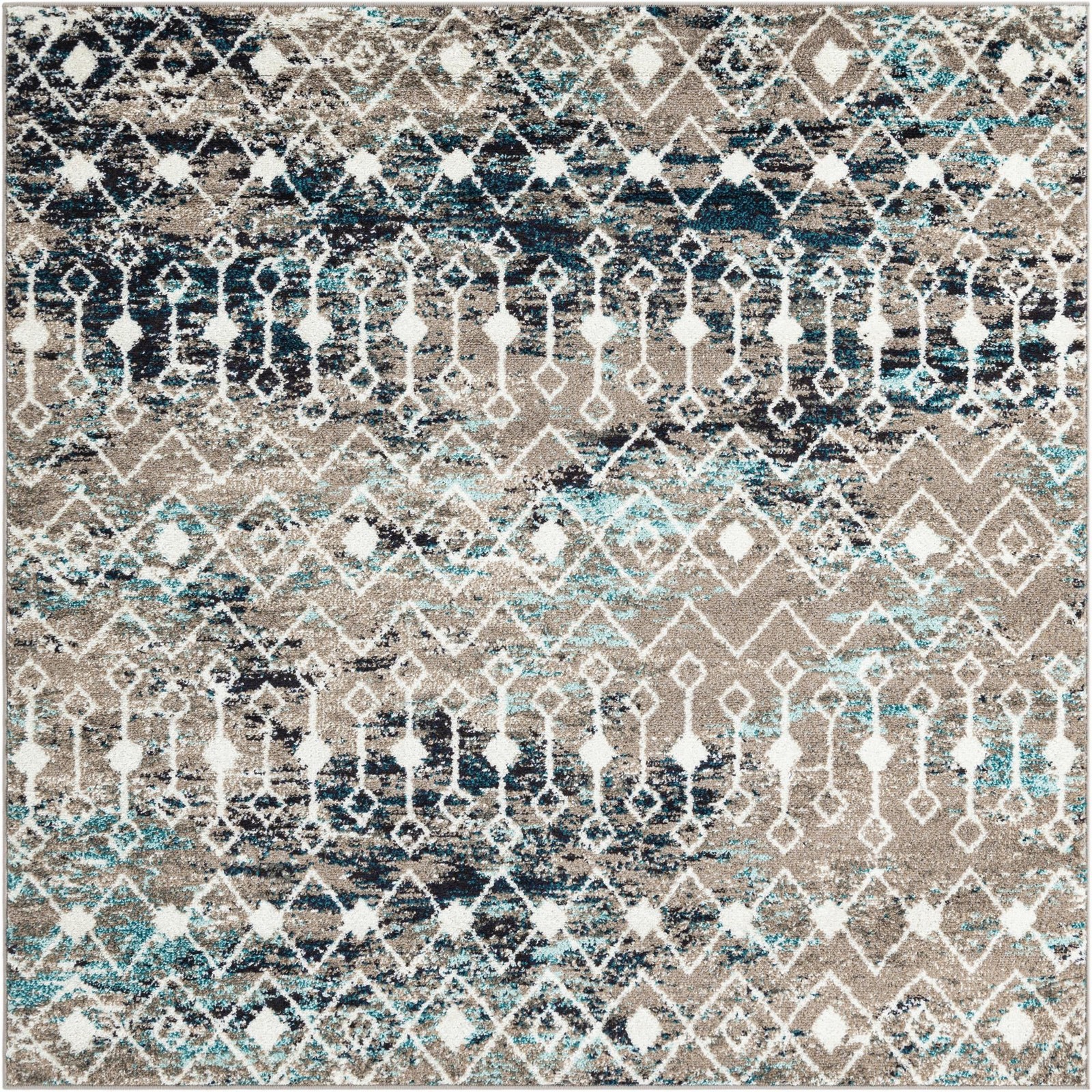 6' x 6' Boswell · Geometric trellis rug, gray and teal
