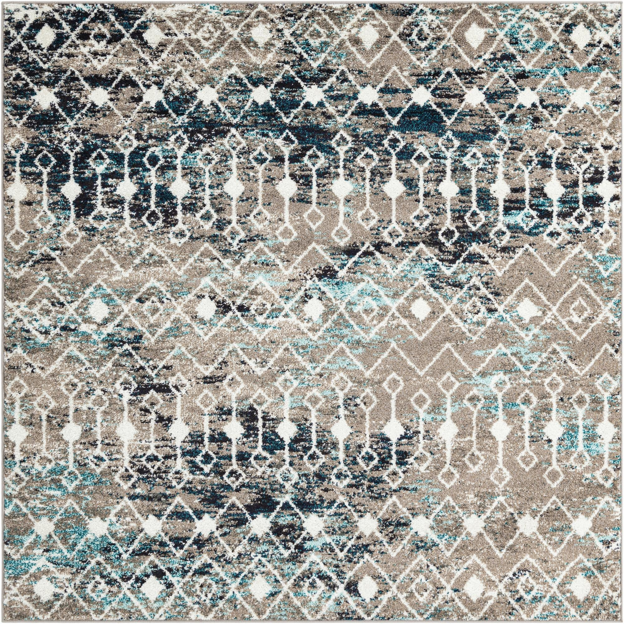6' x 6' Boswell · Geometric trellis rug, gray and teal