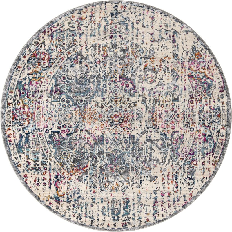 5' x 5' Langton · Distressed medallion rug, gray and multi