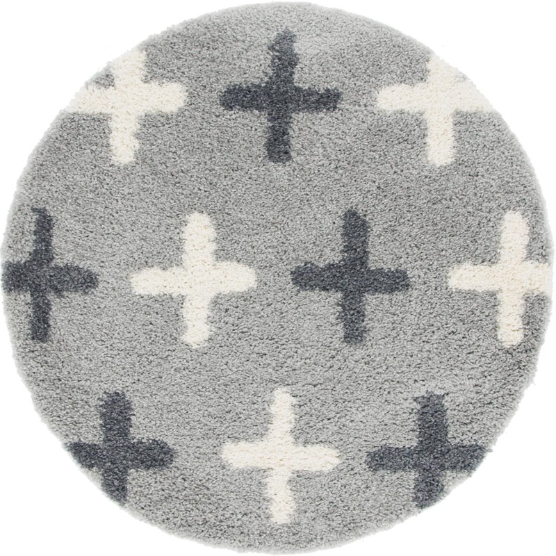 5' x 5' Porteous · Cross pattern Shag Rug, gray and ivory