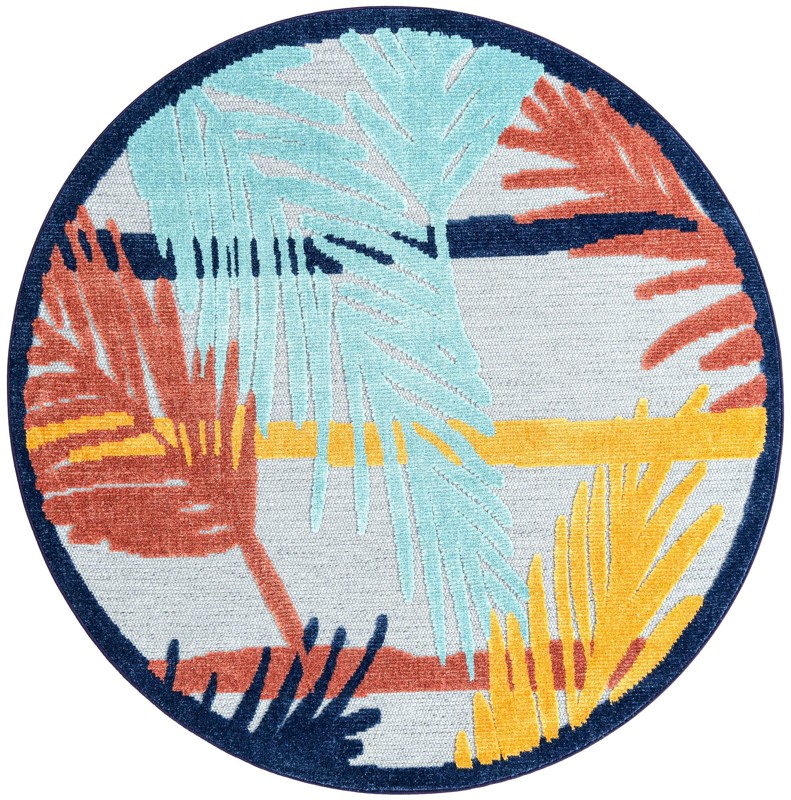 Elm · Tropical leaf Outdoor Rug, blue and orange