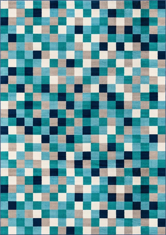 10' x 14' Beasley · Pixel checkered rug, teal and gray