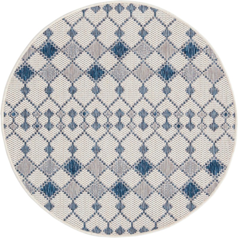 4' x 4' Ramsden · Geometric lattice Outdoor Rug, blue and ivory