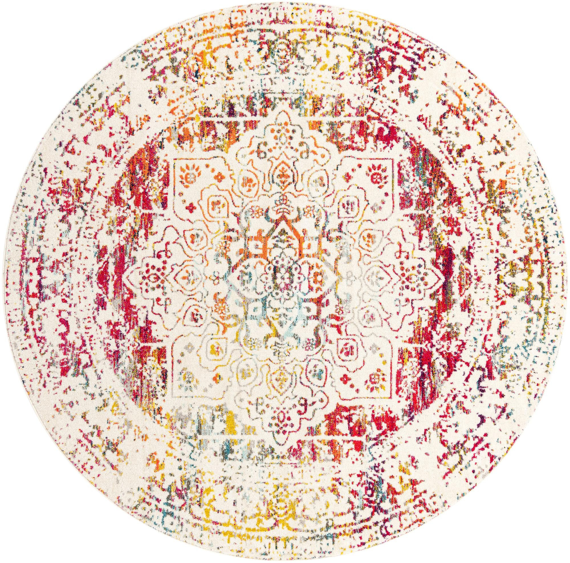 10' x 10' Birch · Distressed medallion rug, ivory and multi