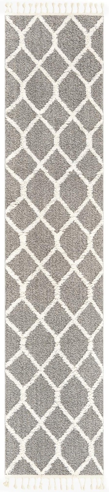 2' 7 x 12' Kirkwood · Geometric trellis rug, gray and ivory