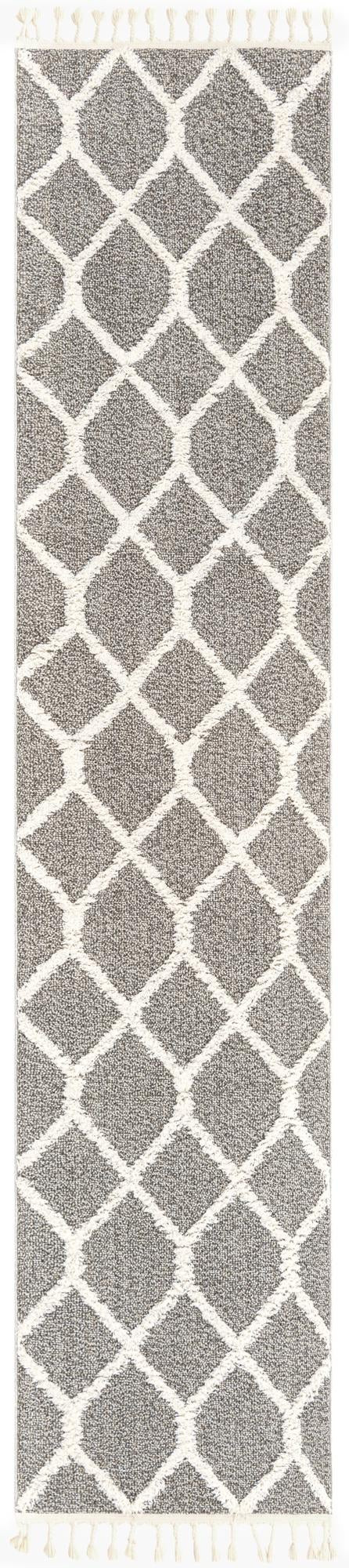 2' 7 x 12' Kirkwood · Geometric trellis rug, gray and ivory