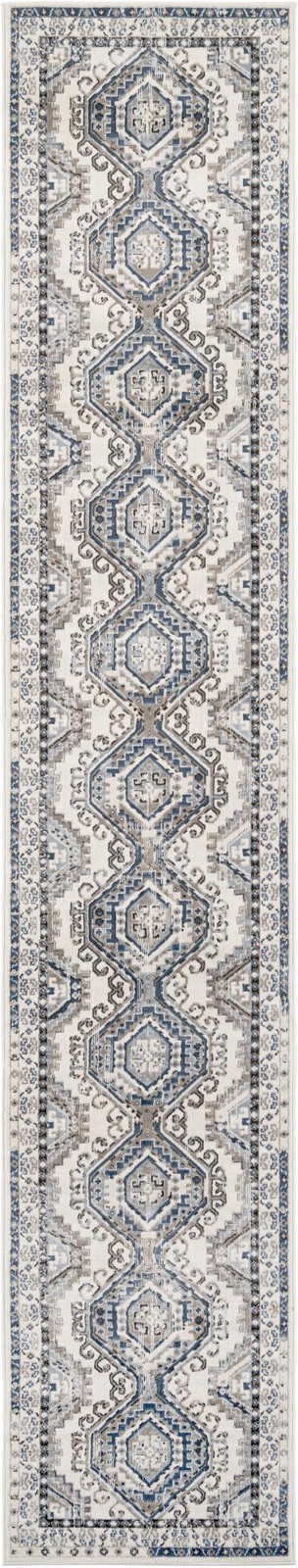 3' x 16' 5 Harmon · Geometric medallion rug, blue and ivory