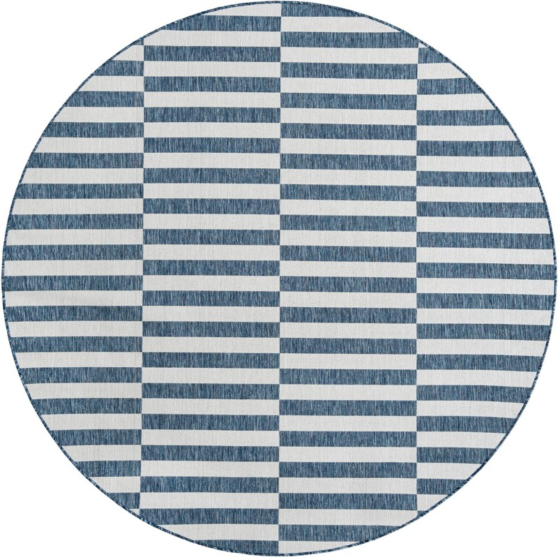 7' 10 x 7' 10 Ainsley · Striped geometric Outdoor Rug, blue and ivory