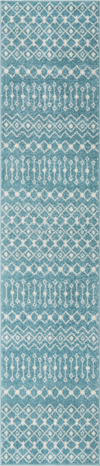 2' 7 x 12' Boswell · Geometric trellis rug, aqua and ivory