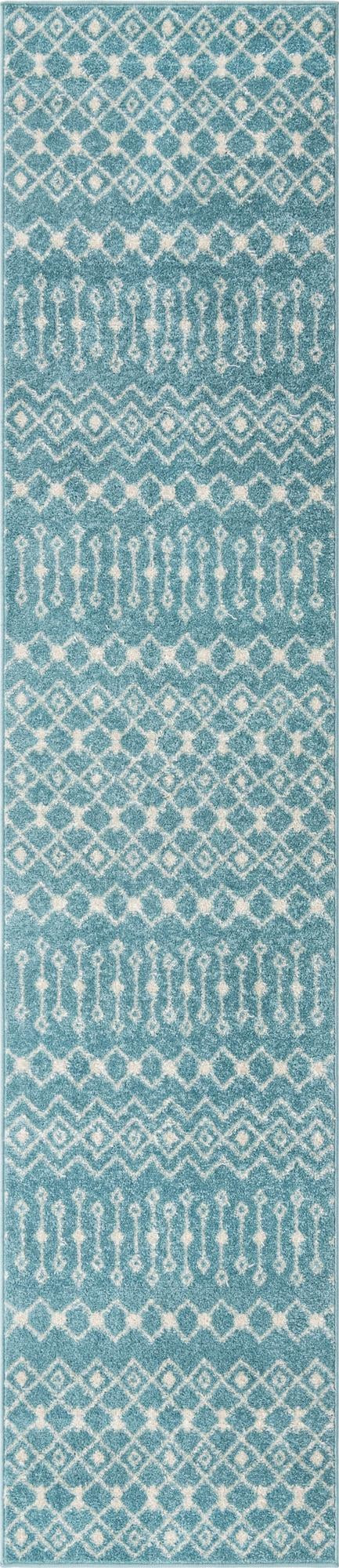 2' 7 x 12' Boswell · Geometric trellis rug, aqua and ivory