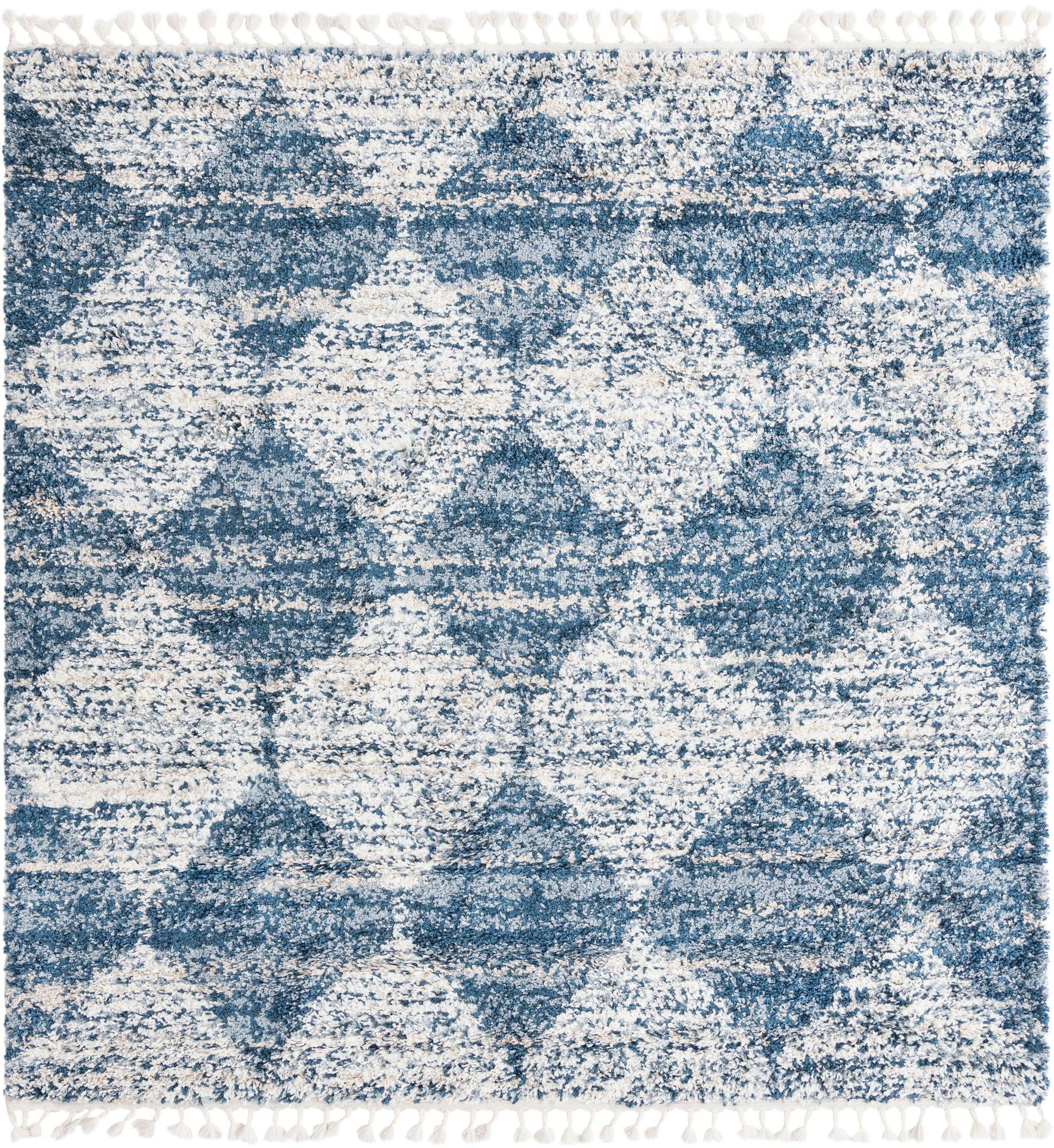 7' 10 x 7' 10 Newton · Diamond lattice Shag Rug, blue and ivory