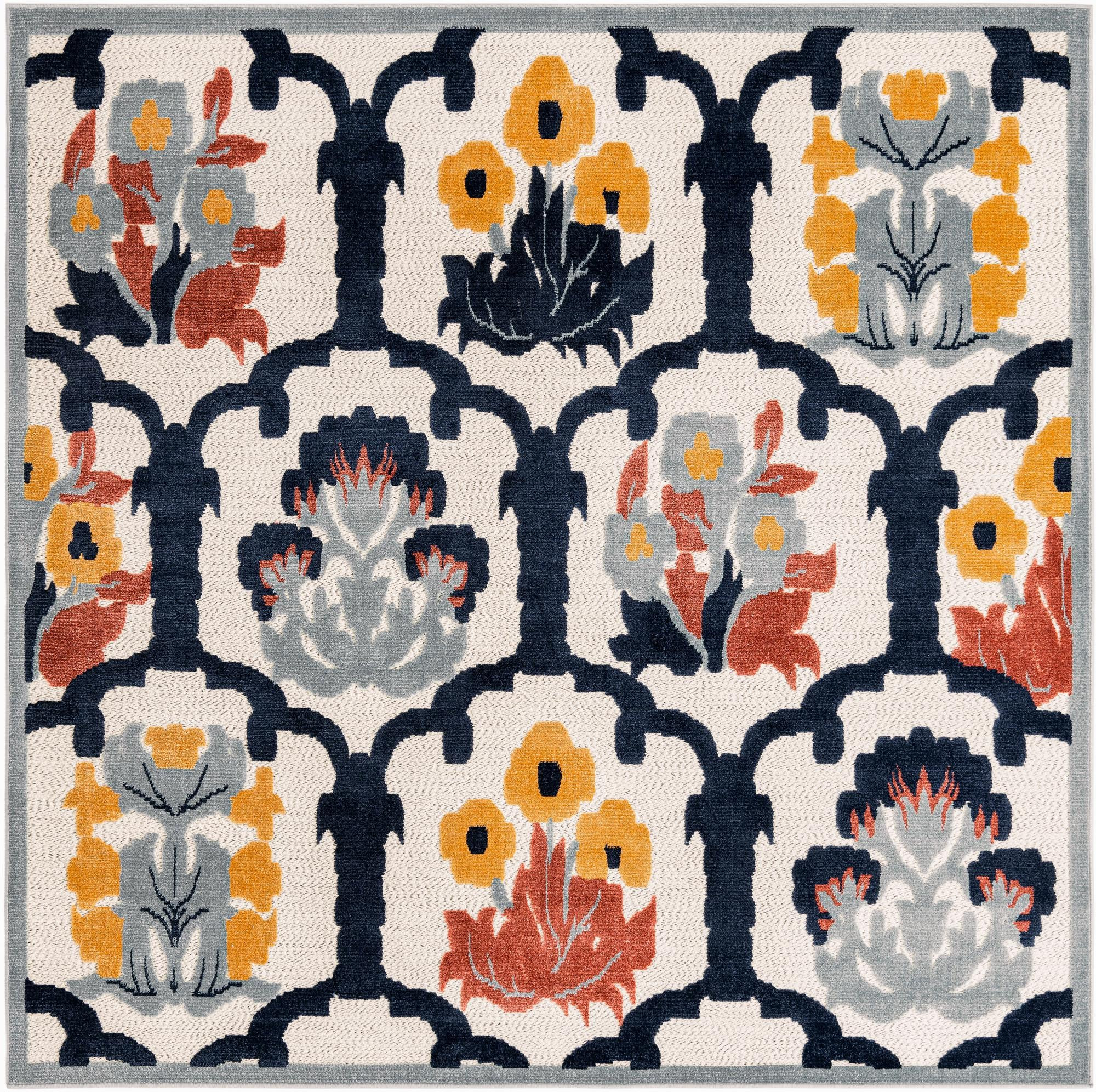7' 10 x 7' 10 Bandera · Floral lattice Outdoor Rug, ivory and navy
