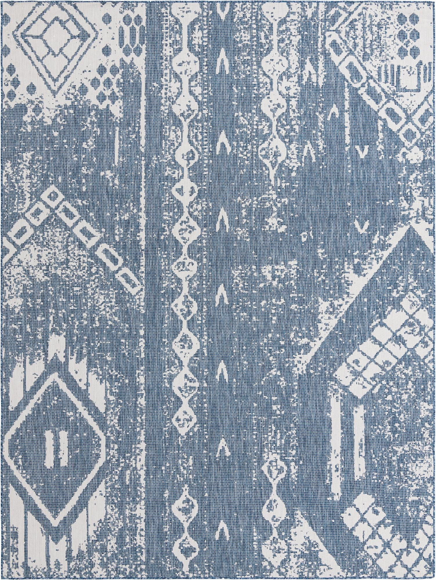 9' x 12' Wildman · Tribal geometric Outdoor Rug, blue and ivory