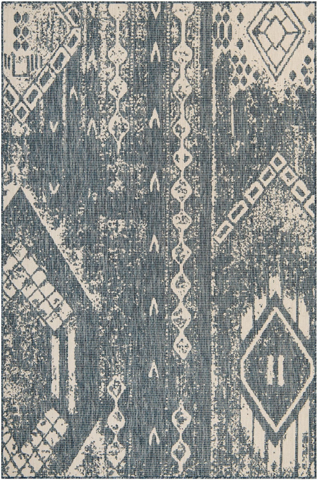 6' x 9' Wildman · Tribal geometric Outdoor Rug, blue and ivory