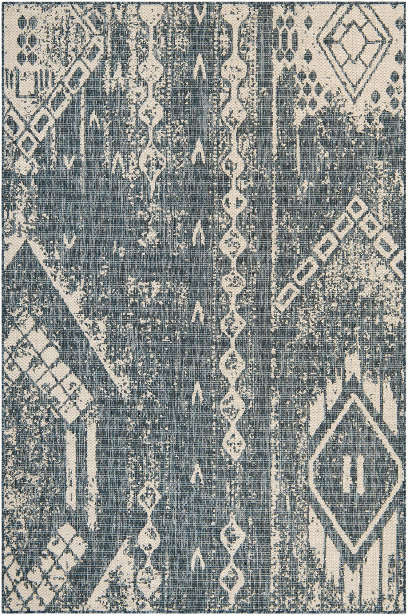6' x 9' Wildman · Tribal geometric Outdoor Rug, blue and ivory