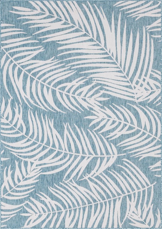 7' x 10' Moody · Palm leaf Outdoor Rug, aqua and ivory
