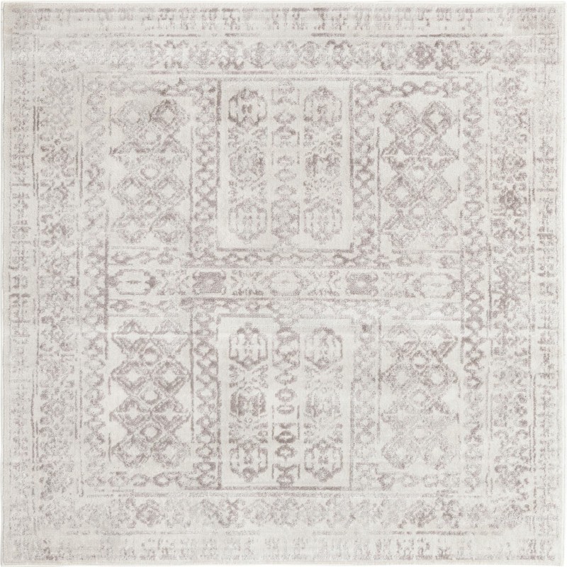 6' x 6' Fitch · Geometric border rug, cream and gray