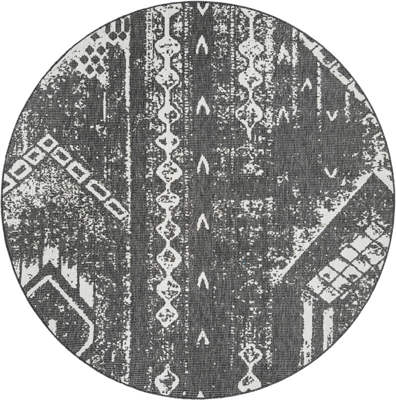 7' 10 x 7' 10 Wildman · Tribal geometric Outdoor Rug, charcoal and ivory