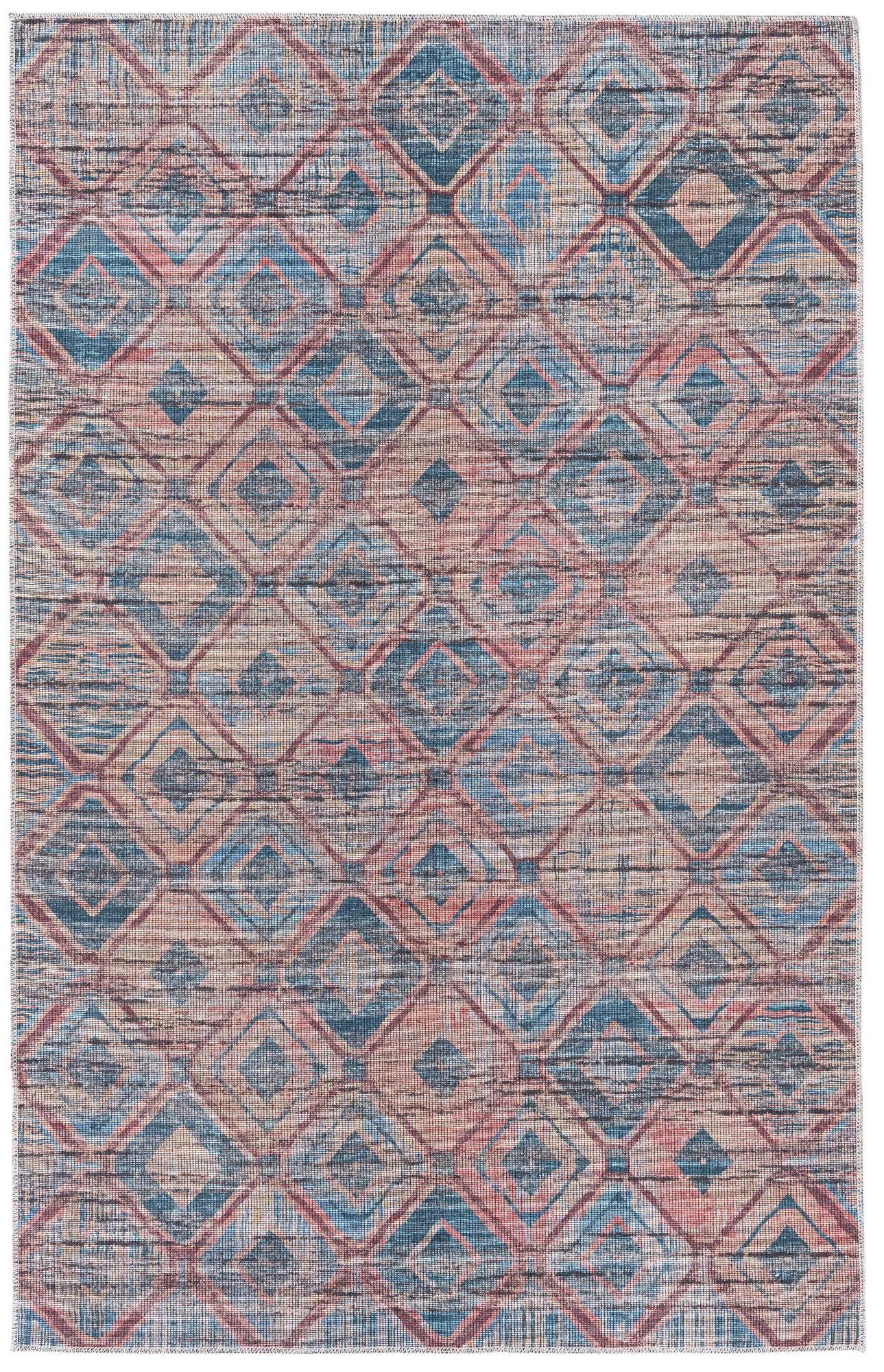 5' 3 x 8' Torrance · Geometric diamond Washable Rug, peach and blue