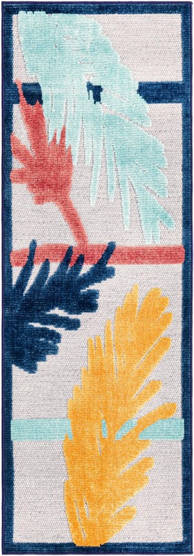 2' x 6' Elm · Tropical leaf Outdoor Rug, blue and orange