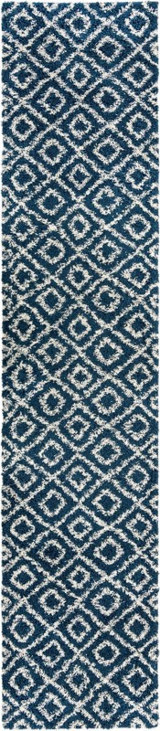 3' 3 x 16' 5 Brock · Diamond trellis Shag Rug, navy and ivory