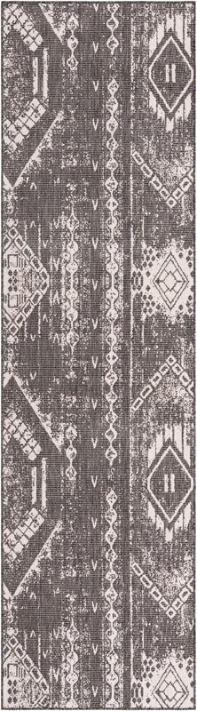 2' 7 x 12' Wildman · Tribal geometric Outdoor Rug, charcoal and ivory