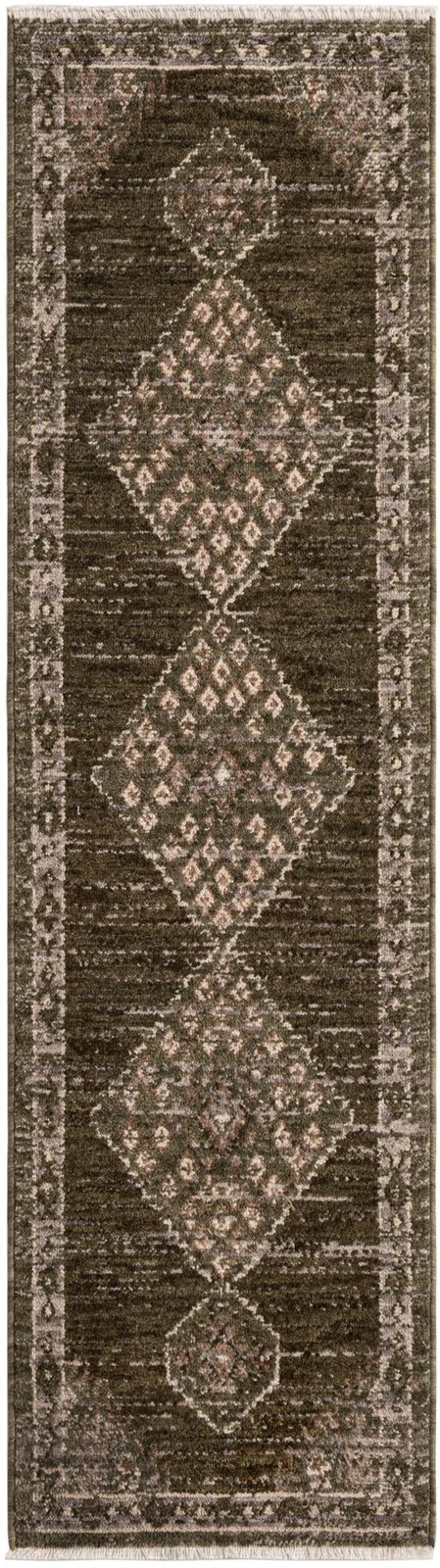 2' x 7' 7 Loveland · Diamond medallion rug, green and brown