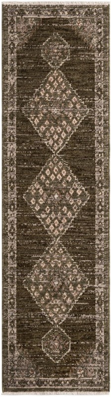 2' x 7' 7 Loveland · Diamond medallion rug, green and brown