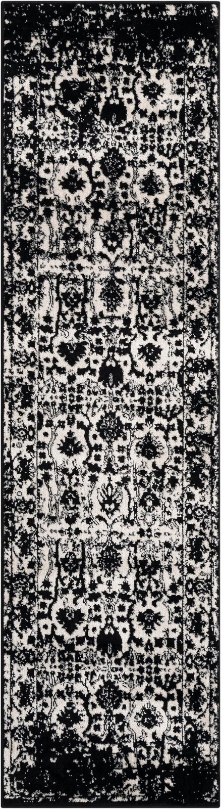 2' x 8' Leacock · Distressed floral rug, black and white