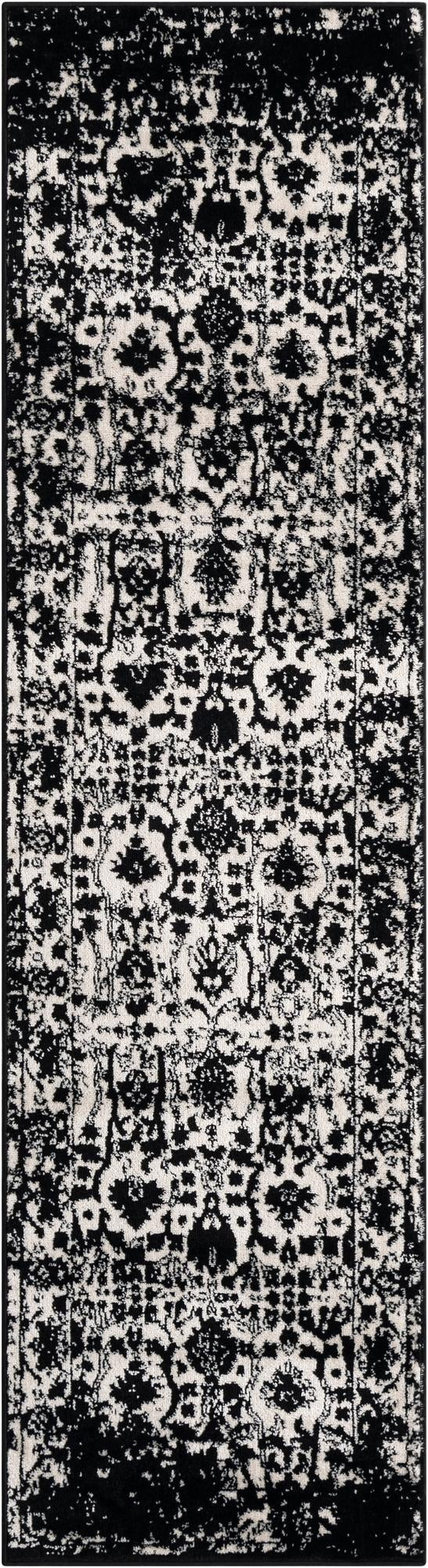 2' x 8' Leacock · Distressed floral rug, black and white