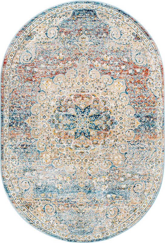 Stanford · Distressed medallion rug, blue and rust