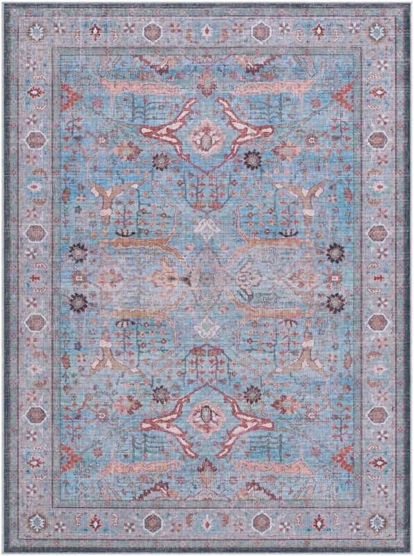 5' 3 x 7' Mayfield · Distressed floral rug, blue and rust