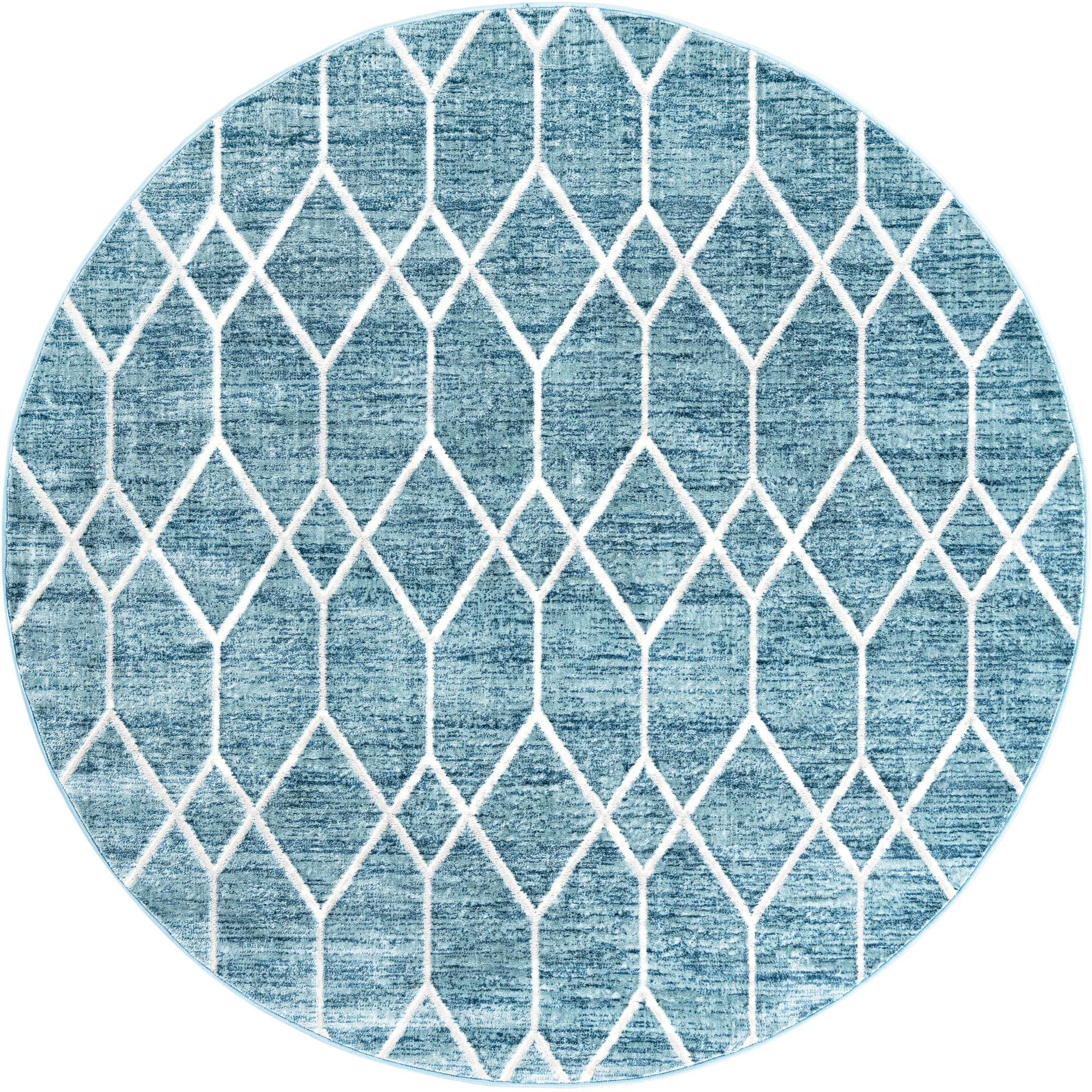 7' x 7' Thatcher · Geometric trellis rug, blue and ivory