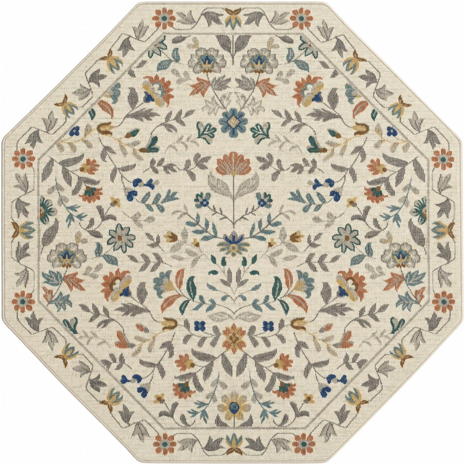 5' x 5' Coriander · Floral rug, ivory, terracotta and blue