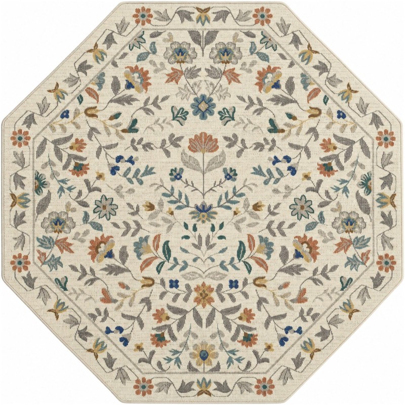 5' x 5' Coriander · Floral rug, ivory, terracotta and blue