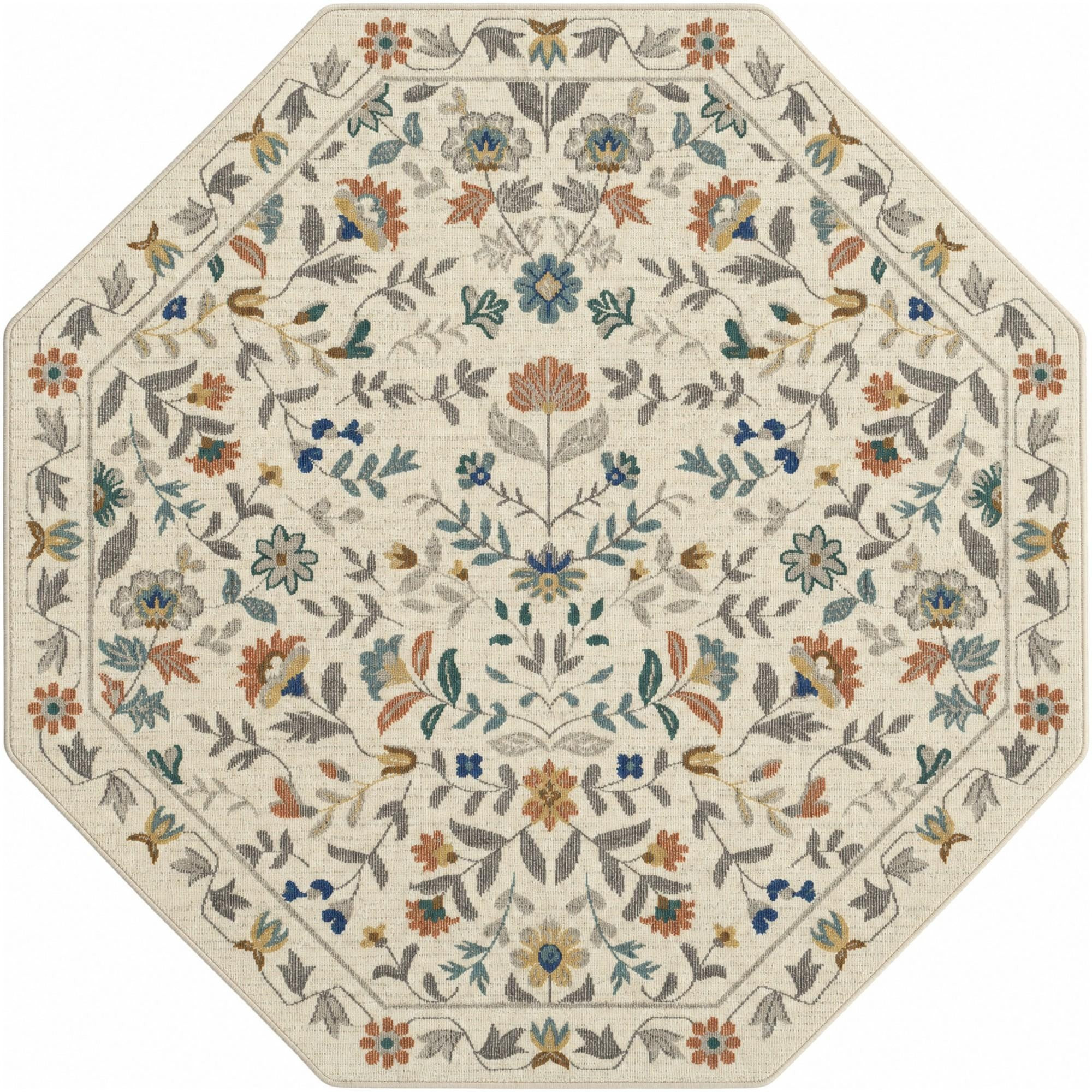 5' x 5' Coriander · Floral rug, ivory, terracotta and blue