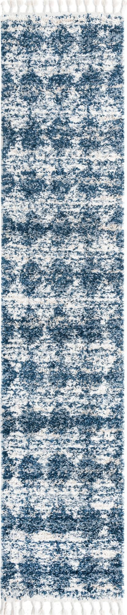 2' 7 x 12' Newton · Diamond lattice Shag Rug, blue and ivory