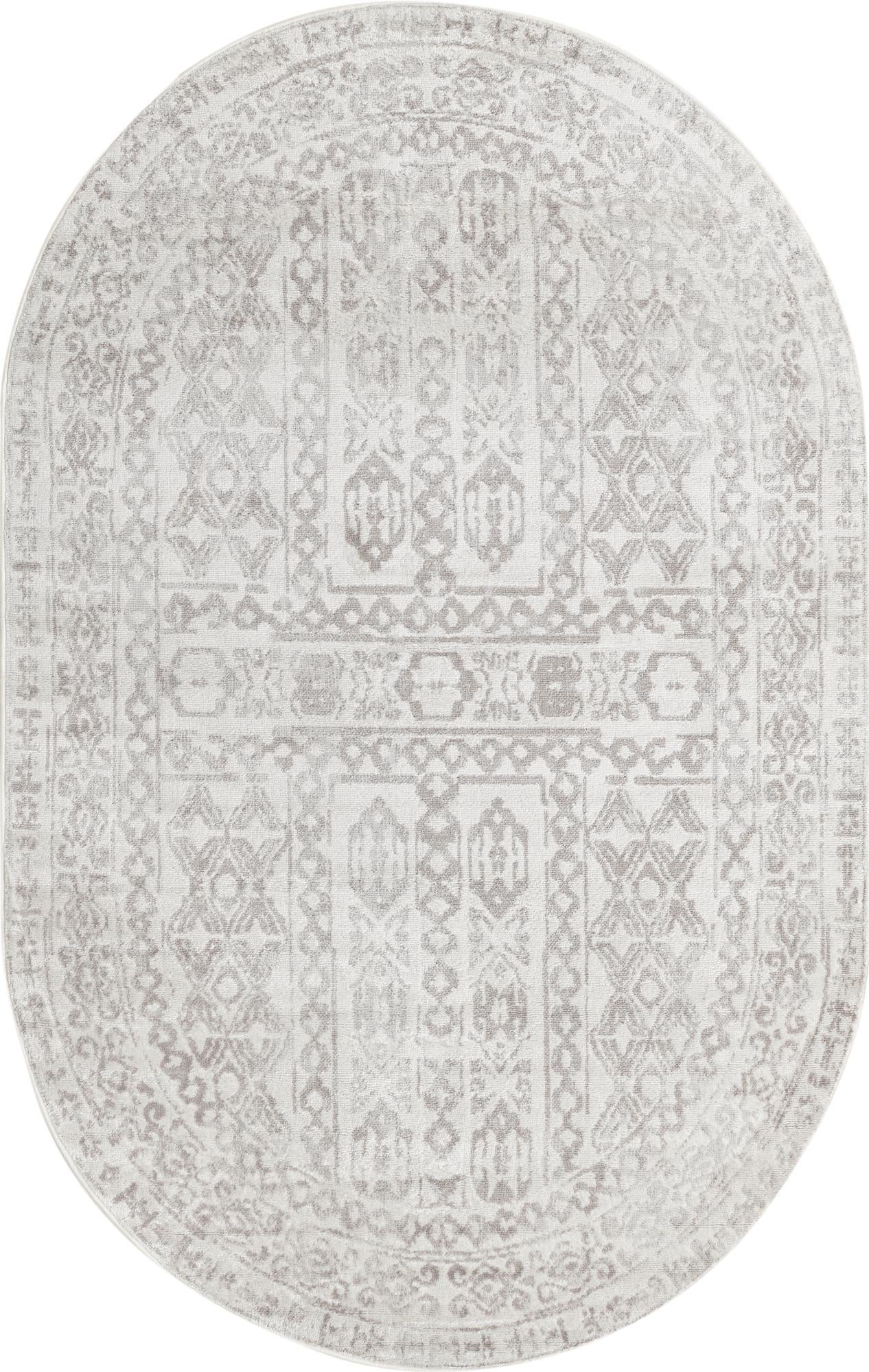 5' x 8' Fitch · Geometric border rug, cream and gray