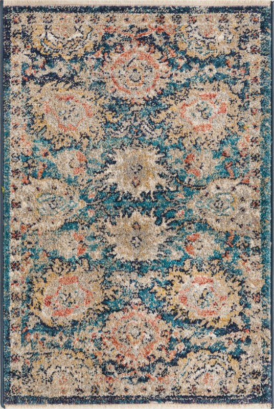 2' x 3' Ansel · Distressed floral rug, blue and tan