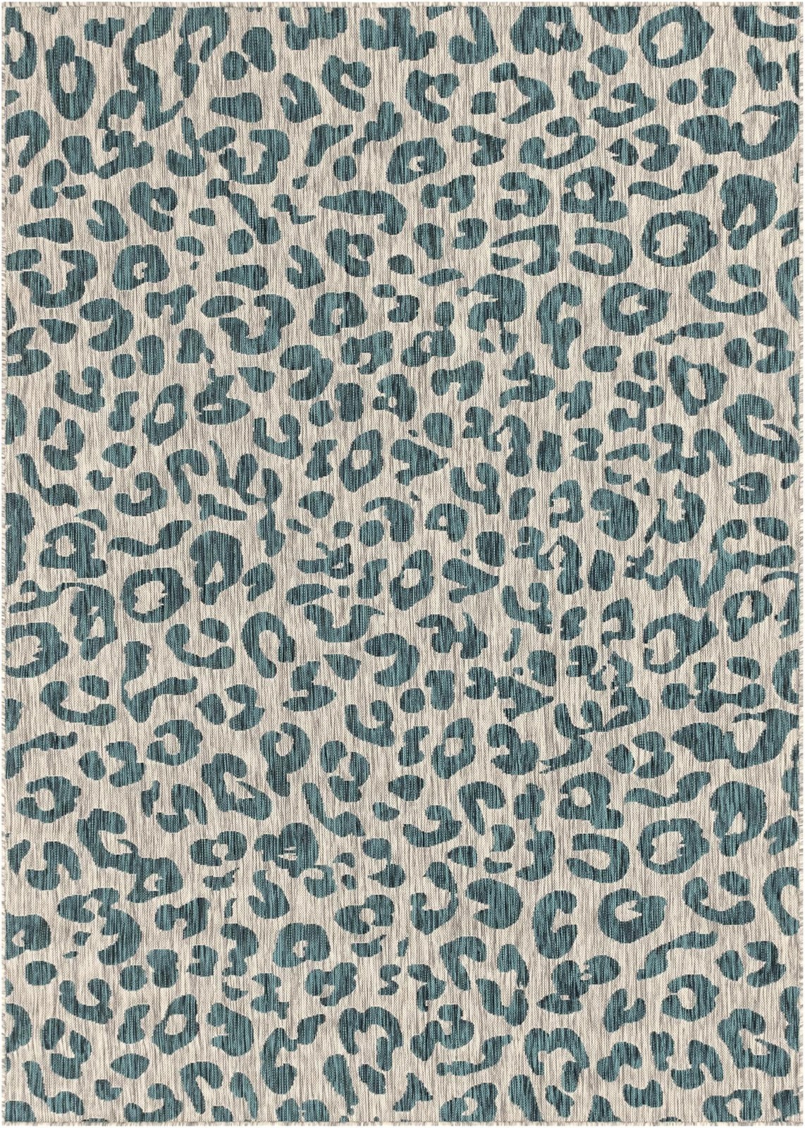 7' x 10' Cardamom · Leopard print Outdoor Rug, teal and ivory