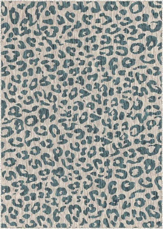 7' x 10' Cardamom · Leopard print Outdoor Rug, teal and ivory