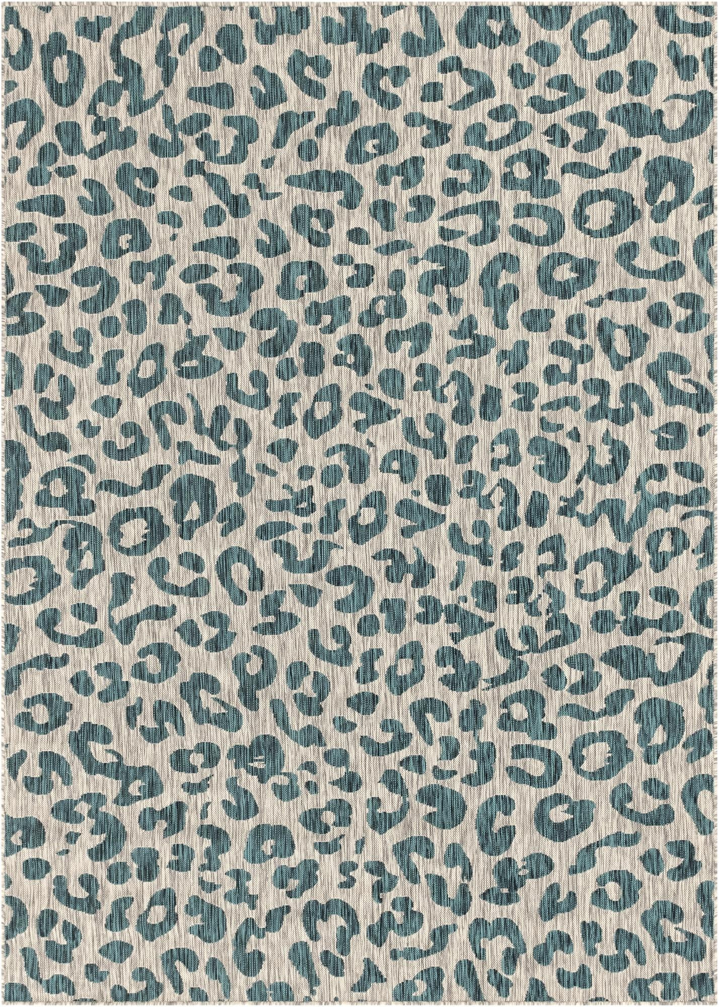 7' x 10' Cardamom · Leopard print Outdoor Rug, teal and ivory