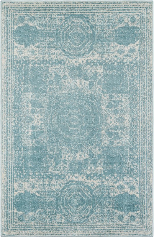 6' x 9' Benedict · Distressed medallion rug, aqua and ivory
