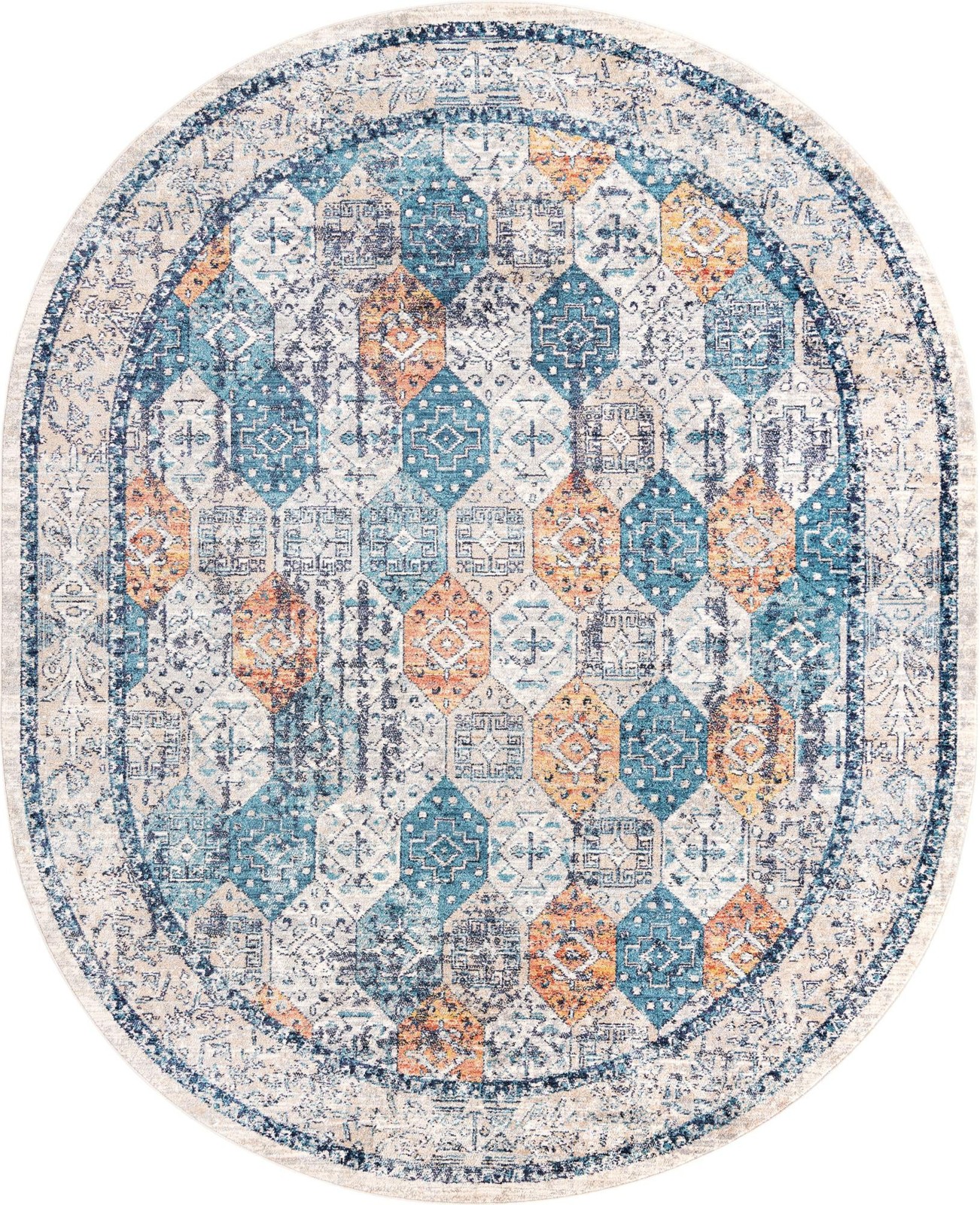 7' 10 x 10' 2 Keane · Diamond rug, blue and rust